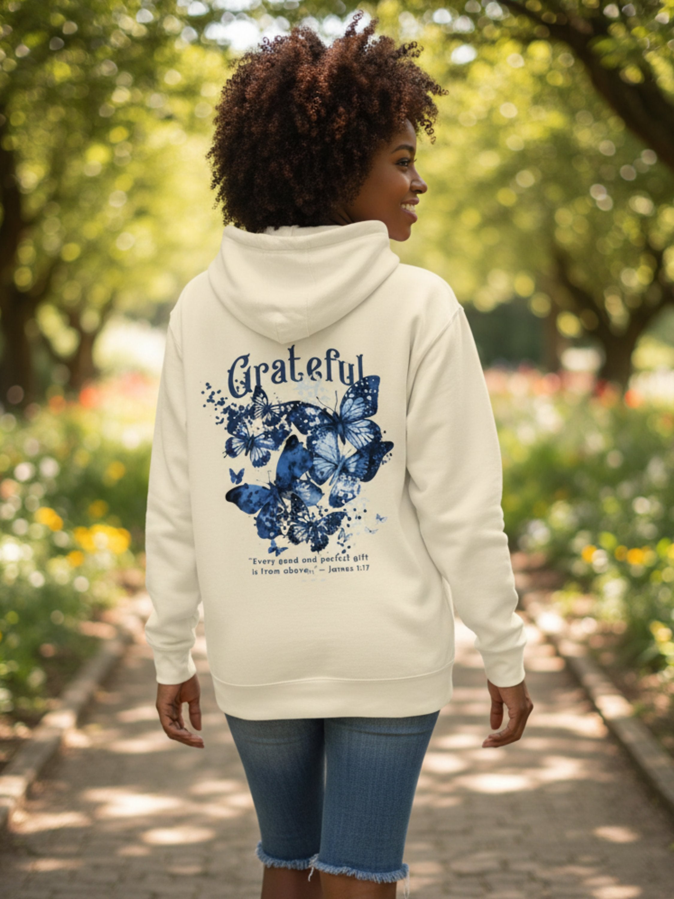 Grateful Blue Butterfly – James 1:17 Hoodie