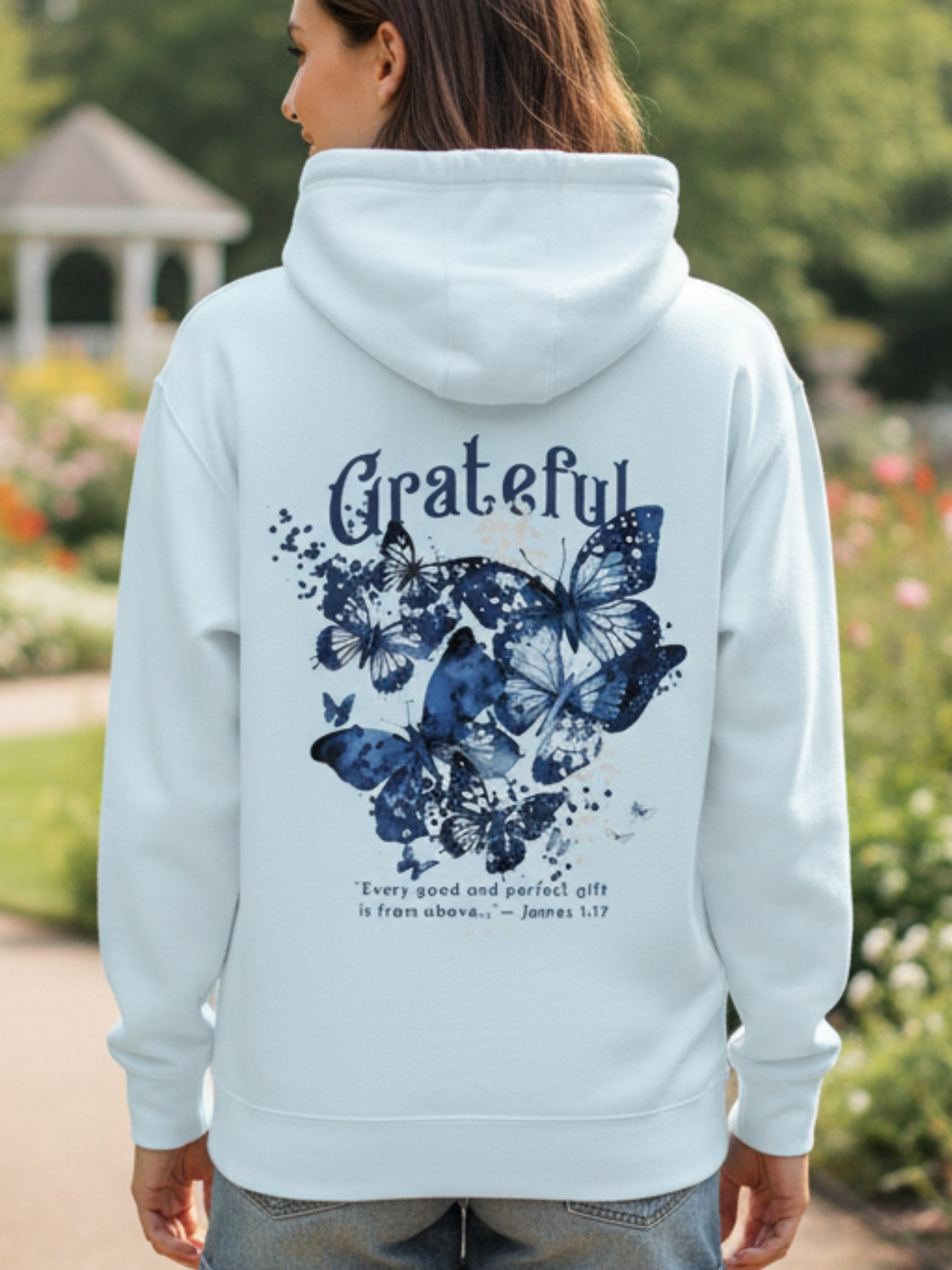 Grateful Blue Butterfly – James 1:17 Hoodie