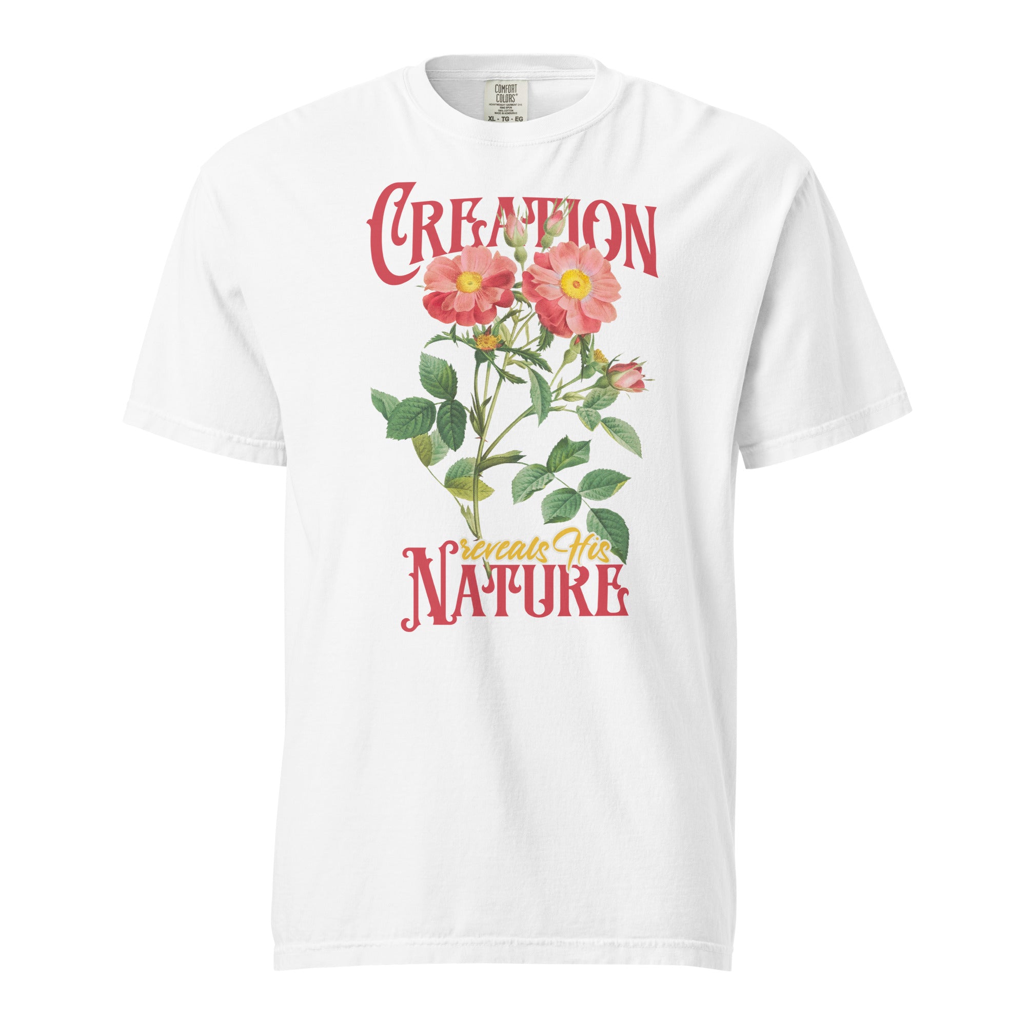 White t-shirt with floral design and text on a white background
