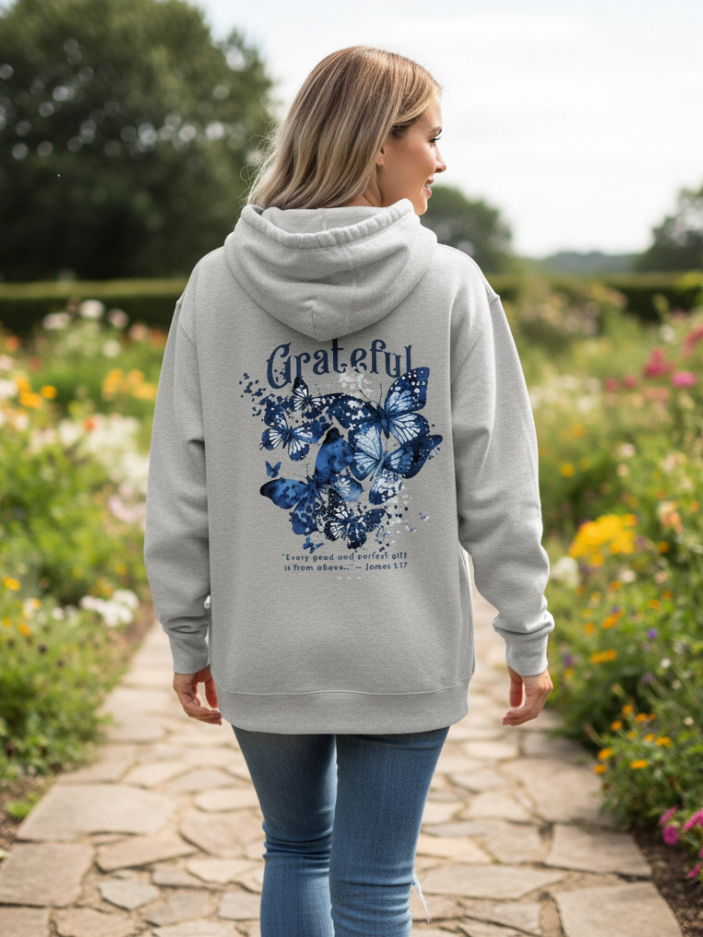 Grateful Blue Butterfly – James 1:17 Hoodie