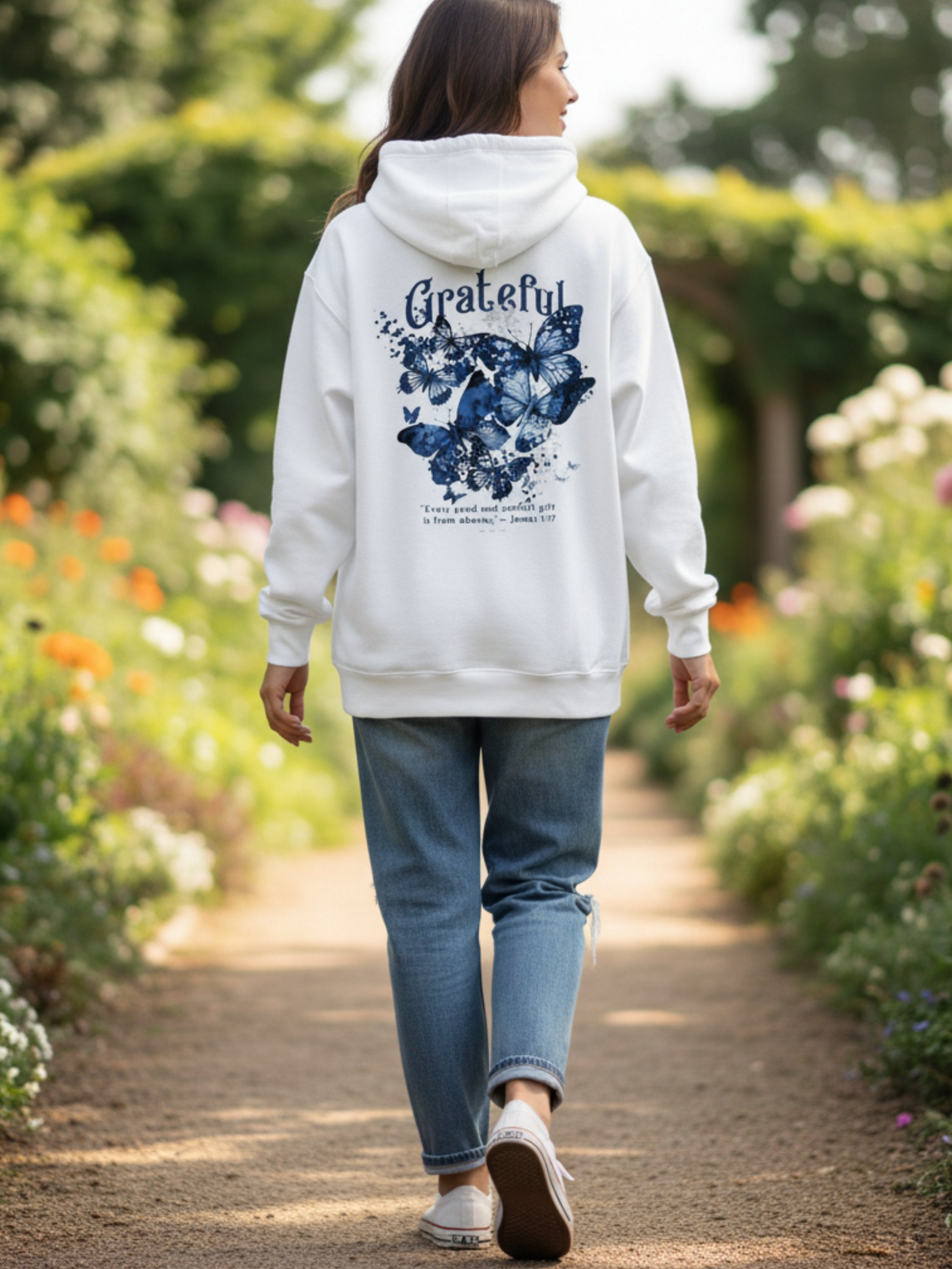 Grateful Blue Butterfly – James 1:17 Hoodie