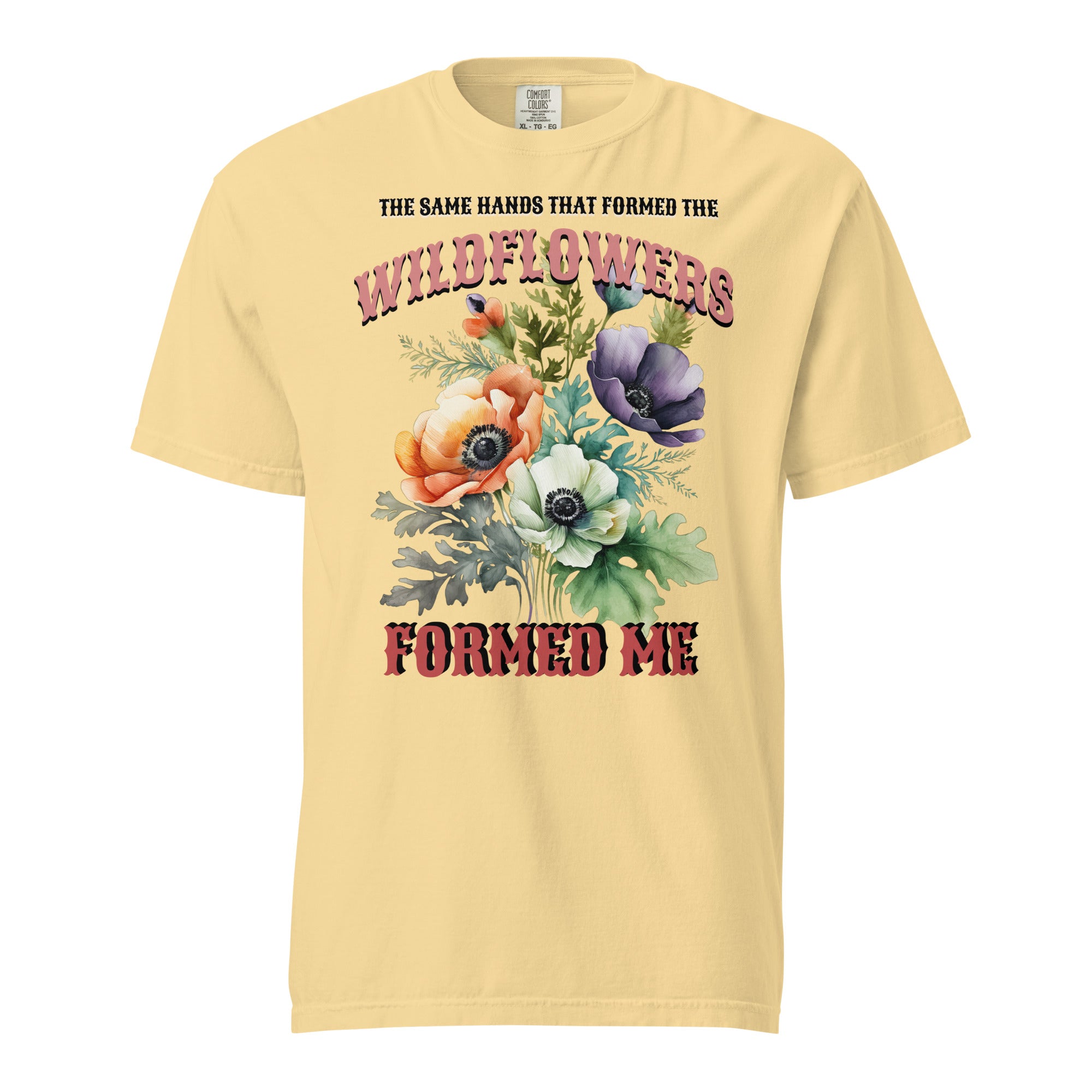 Yellow t-shirt with floral design and text on a white background